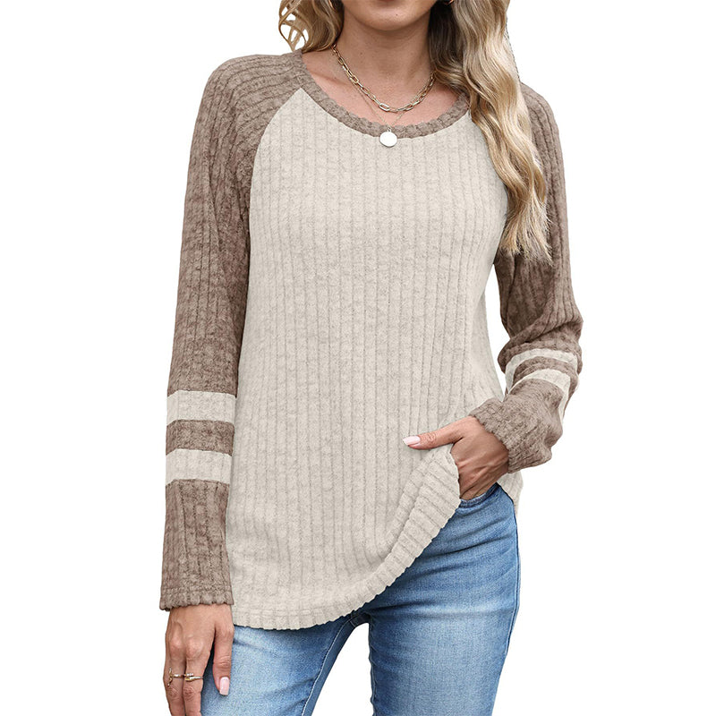 🧶✨ Damen Rippstrick-Top mit Langarm – Color-Block, Bequem & Stilvoll 🎨
