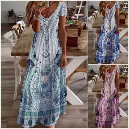 🔥 [S-2XL] 🌸👗 Damska sukienka z krótkim rękawem V-Neck z kwiatowym nadrukiem