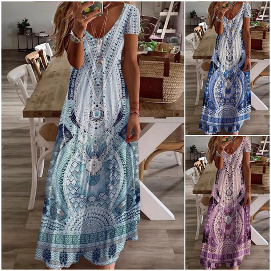 🔥 [S-2XL] 🌸👗 Damska sukienka z krótkim rękawem V-Neck z kwiatowym nadrukiem
