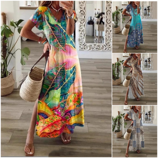 🌿[S-4XL]👗 Sukienka maxi dla kobiet z dekoltem w serek i rozcięciem