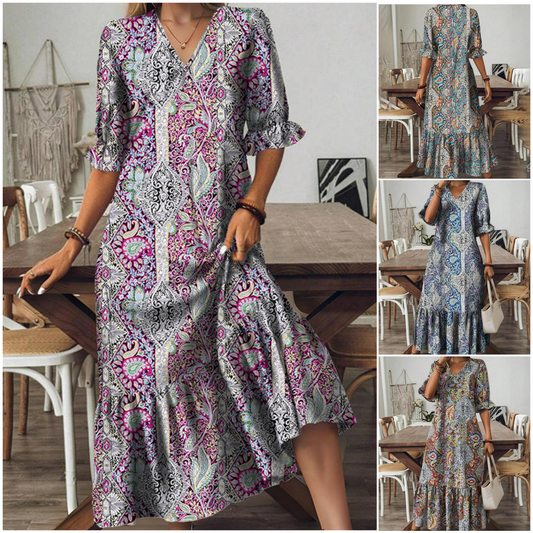 🌞[S-4XL]👗 Sukienka Boho z dekoltem w serek z falbanami