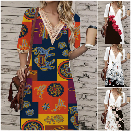 🔥 [S-3XL] 🎨👗 Sukienka z Dekoltem w Serek z Koronkowymi Detalami