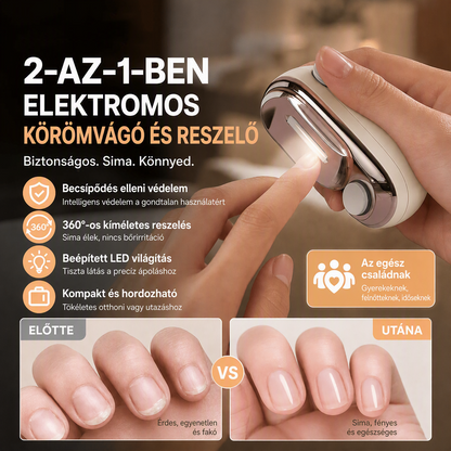 ✨ Két funkciós kialakítás – vágás és csiszolás egyetlen kompakt eszközben, időt takarít meg – 2 az 1-ben biztonságos elektromos körömvágó💅