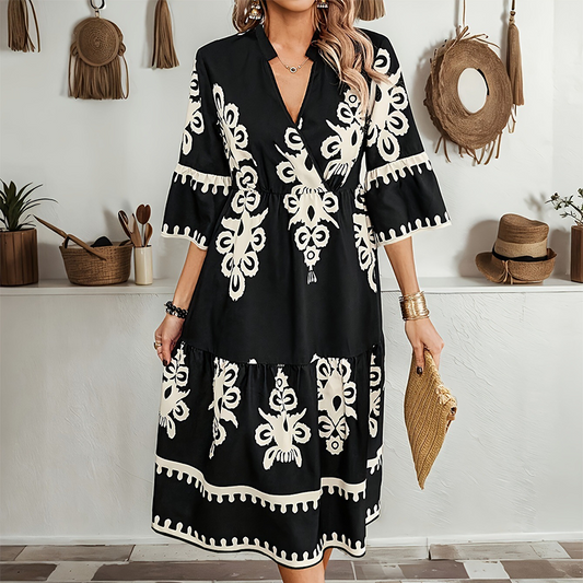 🔥[S-XL]👗 Casualowa sukienka z nadrukiem i dekoltem w serek ✨