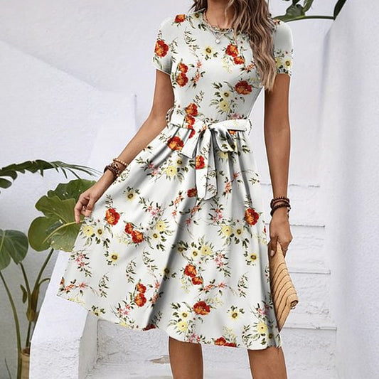 🔥[S-2XL]🌸 Elegancka damska sukienka z okrągłym dekoltem z nadrukiem 👗