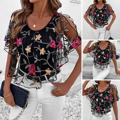 🌸[S-XL]🌟 Damska Bluzka z Mesh Patchwork w Druk 👚✨