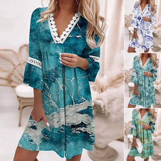 🔥[S-3XL]🌸 Damskie sukienki casualowe z nadrukiem i dekoltem w serek 👗