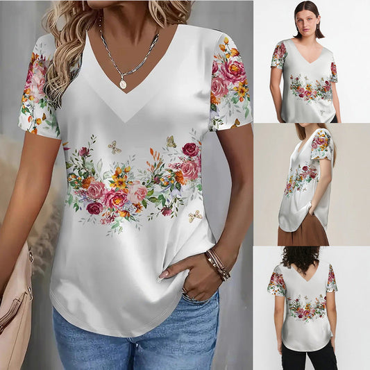 💖 [S-4XL] 🌺👚 Damska bluzka z krótkim rękawem V-neck z kwiatowym nadrukiem