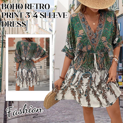 🌿[S-2XL]🎀💃 Sukienka Boho Retro z rękawem 3/4 i dekoltem w serek