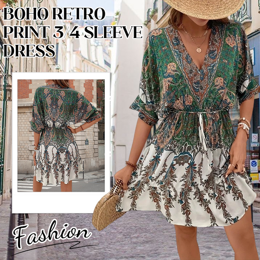 🌿[S-2XL]🎀💃 Sukienka Boho Retro z rękawem 3/4 i dekoltem w serek