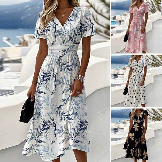 💋 [S-2XL] 👗 Sukienka midi z dekoltem w szpic i nadrukiem Moda Damska