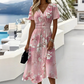 💋 [S-2XL] 👗 Sukienka midi z dekoltem w szpic i nadrukiem Moda Damska