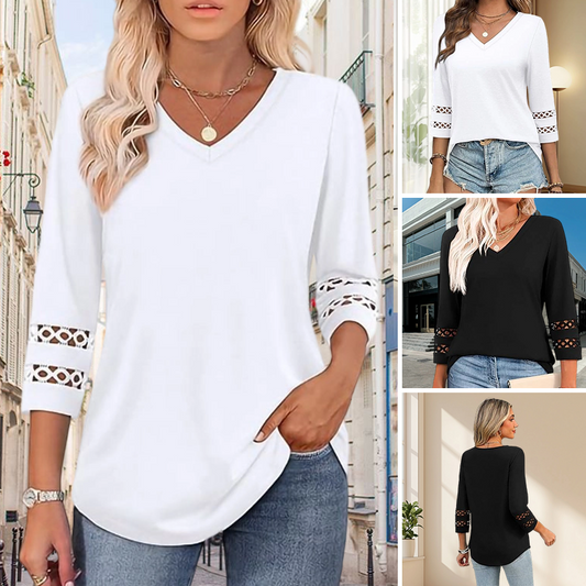 💖 [S-3XL] 👚 2025 Nowe damskie bluzki z rękawami 3/4 Modne koszulki z dekoltem w serek