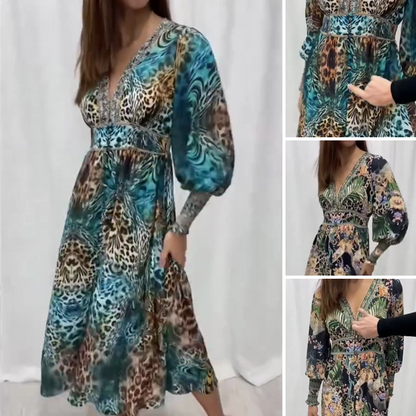 🌸 [S-5XL] 👗 Elegancka Sukienka z Dekoltem w Serek w Wzór
