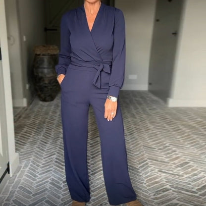 🎁Получавате безплатно колие🎀Елегантен комбинезон с V-образно деколте и широки крачоли за жени
