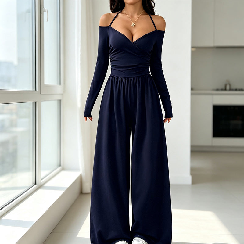 🍂👗 Damen-Jumpsuit mit Carmen-Ausschnitt | Elegantes Wickeloberteil, weite Beine & stilvoller Party-Look ✨