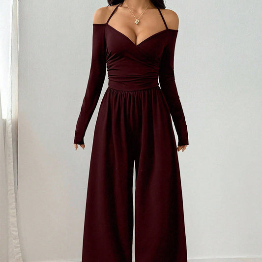 🍂👗 Damen-Jumpsuit mit Carmen-Ausschnitt | Elegantes Wickeloberteil, weite Beine & stilvoller Party-Look ✨