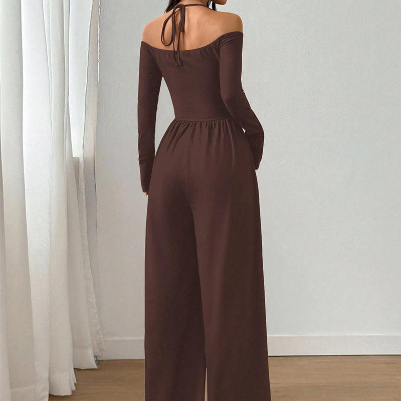 🍂👗 Damen-Jumpsuit mit Carmen-Ausschnitt | Elegantes Wickeloberteil, weite Beine & stilvoller Party-Look ✨