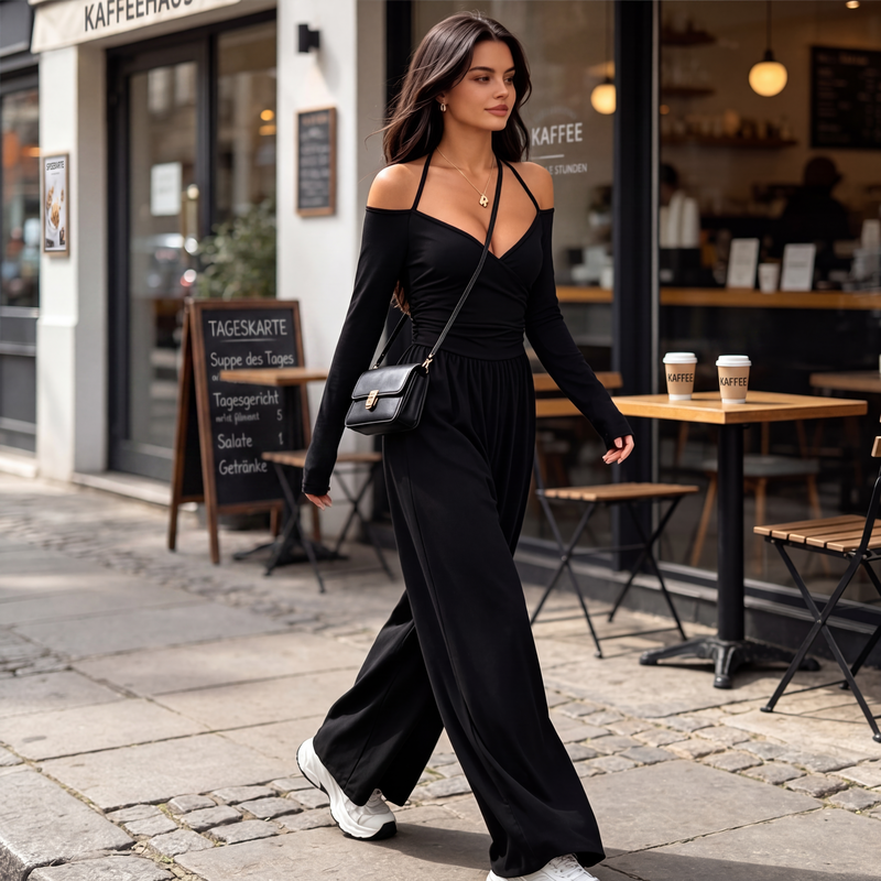 🍂👗 Damen-Jumpsuit mit Carmen-Ausschnitt | Elegantes Wickeloberteil, weite Beine & stilvoller Party-Look ✨