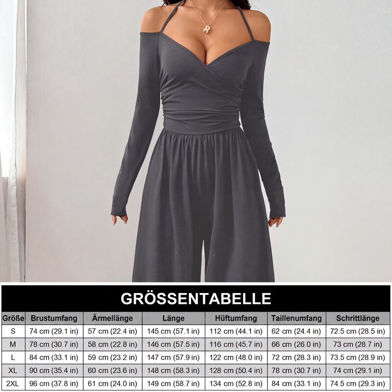 🍂👗 Damen-Jumpsuit mit Carmen-Ausschnitt | Elegantes Wickeloberteil, weite Beine & stilvoller Party-Look ✨