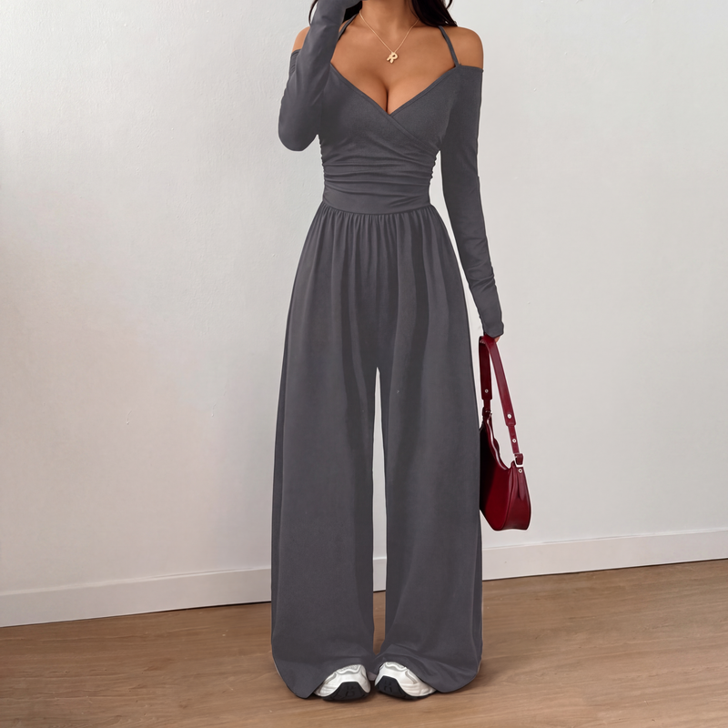 🍂👗 Damen-Jumpsuit mit Carmen-Ausschnitt | Elegantes Wickeloberteil, weite Beine & stilvoller Party-Look ✨