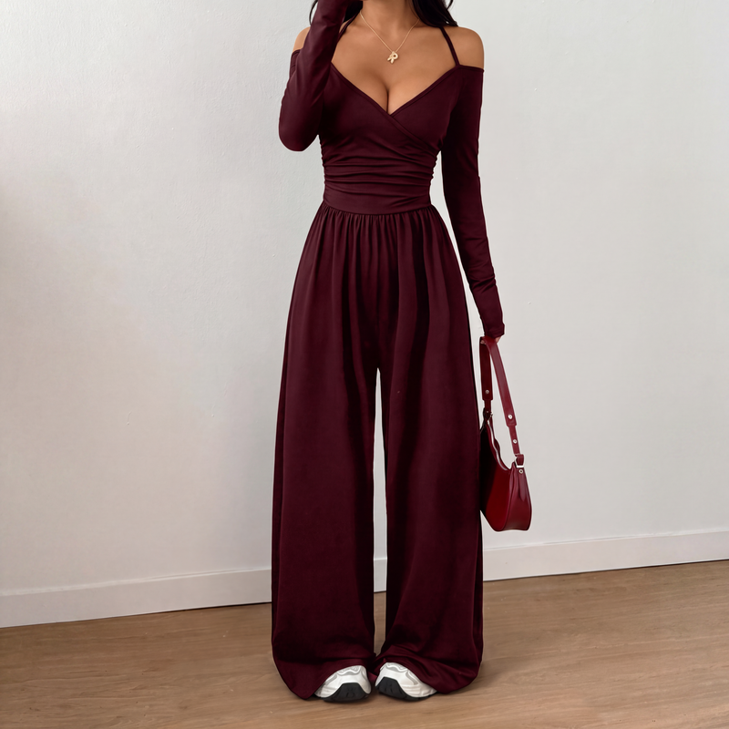 🍂👗 Damen-Jumpsuit mit Carmen-Ausschnitt | Elegantes Wickeloberteil, weite Beine & stilvoller Party-Look ✨