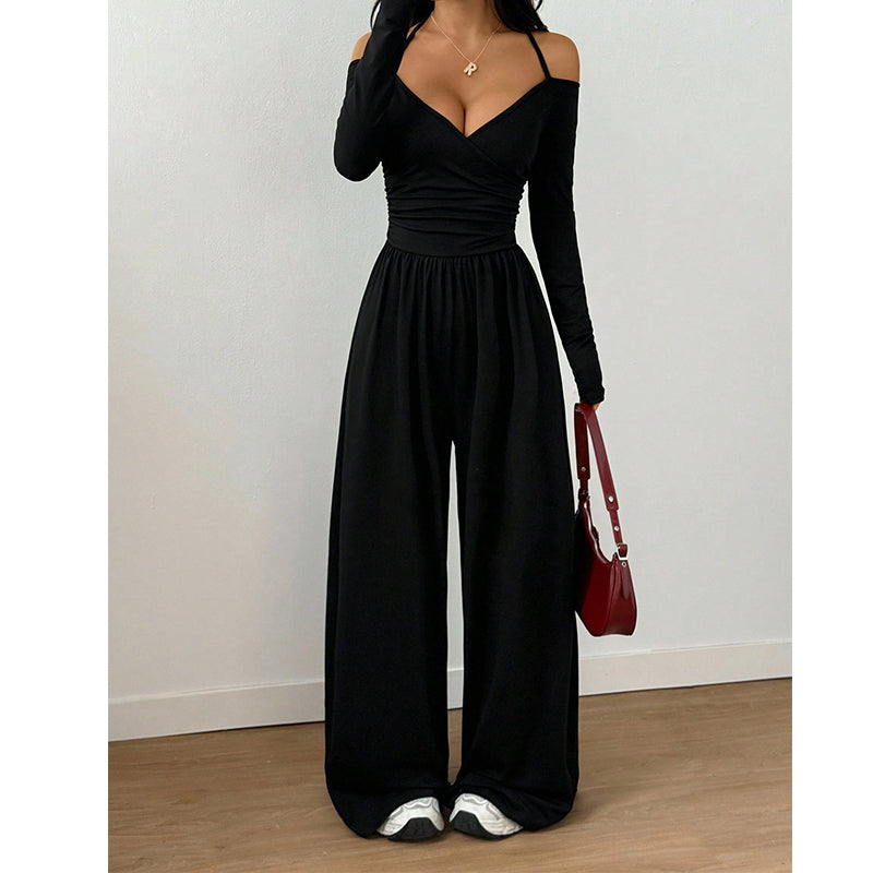 🍂👗 Damen-Jumpsuit mit Carmen-Ausschnitt | Elegantes Wickeloberteil, weite Beine & stilvoller Party-Look ✨