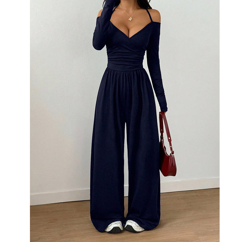 🍂👗 Damen-Jumpsuit mit Carmen-Ausschnitt | Elegantes Wickeloberteil, weite Beine & stilvoller Party-Look ✨
