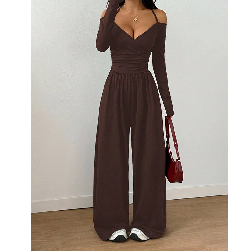 🍂👗 Damen-Jumpsuit mit Carmen-Ausschnitt | Elegantes Wickeloberteil, weite Beine & stilvoller Party-Look ✨