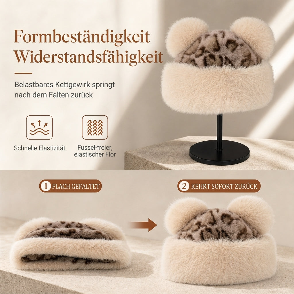 🧢 Damen Vintage Leopardenmütze mit Plüschbärenohren | Kein kalter Kopf, kein langweiliger Winterlook – Warm, flauschig & auffällig mit Ohrenschutz ✨