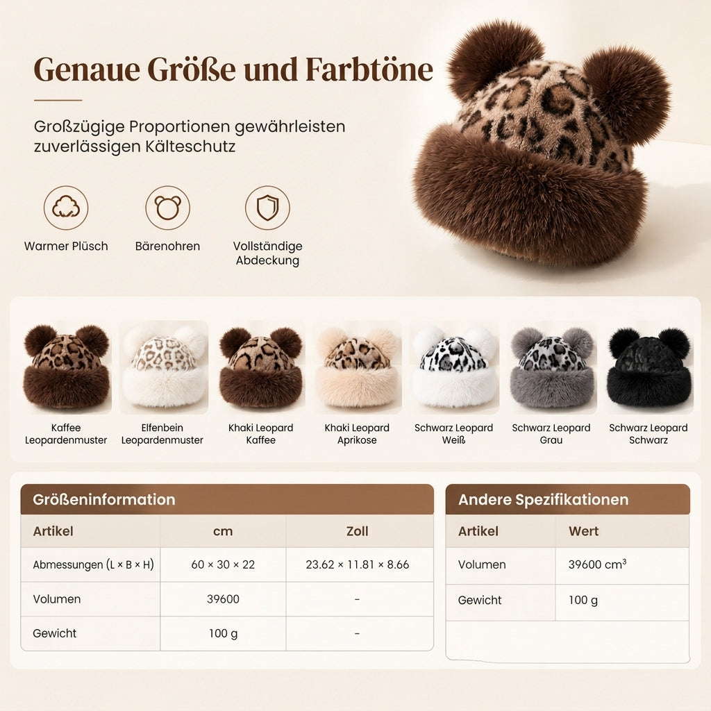 🧢 Damen Vintage Leopardenmütze mit Plüschbärenohren | Kein kalter Kopf, kein langweiliger Winterlook – Warm, flauschig & auffällig mit Ohrenschutz ✨