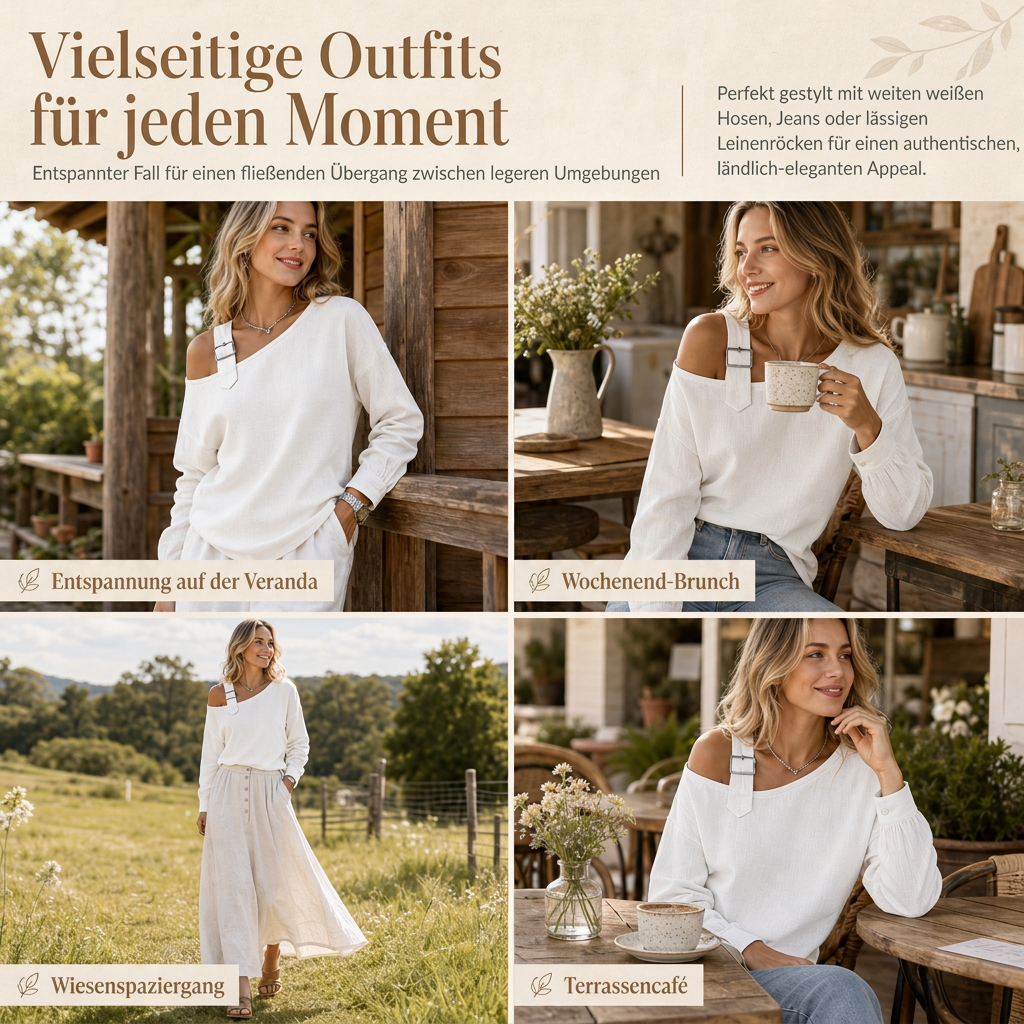 👚 Damen lässiges einfarbiges Leinen-Baumwolle Oberteil mit freier Schulter | Kein steifes Outfit, kein unangenehmes Tragegefühl – Lässig & atmungsaktiv für Sommer & Freizeit ✨