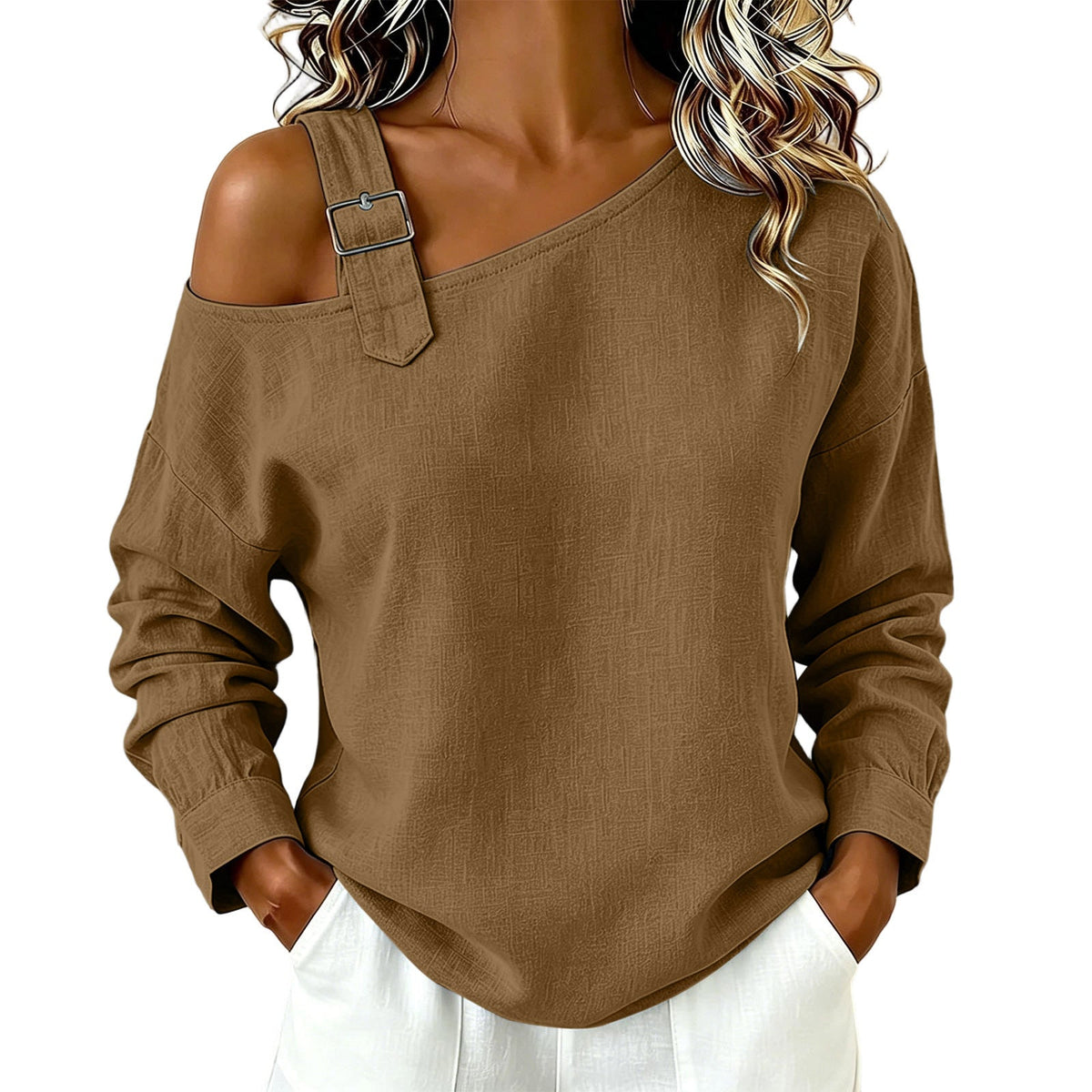 👚 Damen lässiges einfarbiges Leinen-Baumwolle Oberteil mit freier Schulter | Kein steifes Outfit, kein unangenehmes Tragegefühl – Lässig & atmungsaktiv für Sommer & Freizeit ✨