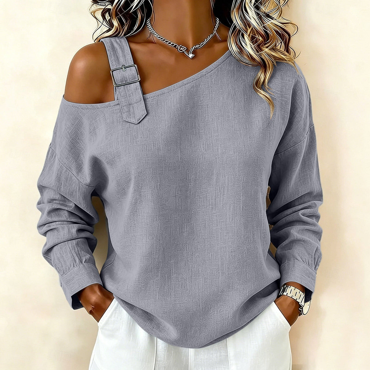 👚 Damen lässiges einfarbiges Leinen-Baumwolle Oberteil mit freier Schulter | Kein steifes Outfit, kein unangenehmes Tragegefühl – Lässig & atmungsaktiv für Sommer & Freizeit ✨