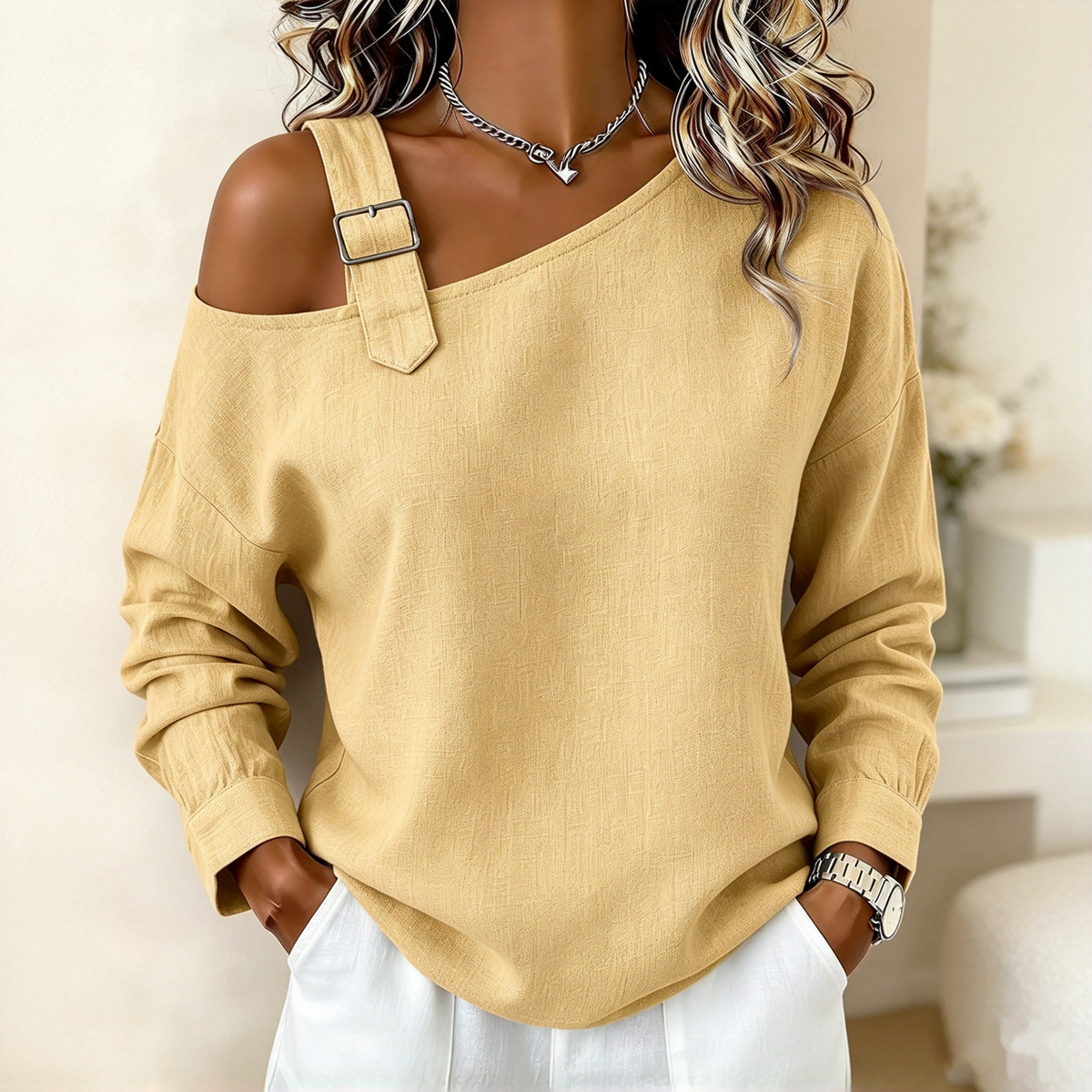 👚 Damen lässiges einfarbiges Leinen-Baumwolle Oberteil mit freier Schulter | Kein steifes Outfit, kein unangenehmes Tragegefühl – Lässig & atmungsaktiv für Sommer & Freizeit ✨