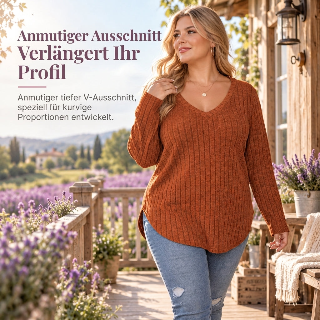 👚 Damen Übergrößen Pullover-Oberteil mit V-Ausschnitt | Kein Kratzen, kein Einengen – Locker sitzend, gerippt & kuschelig weich für den Alltag ✨