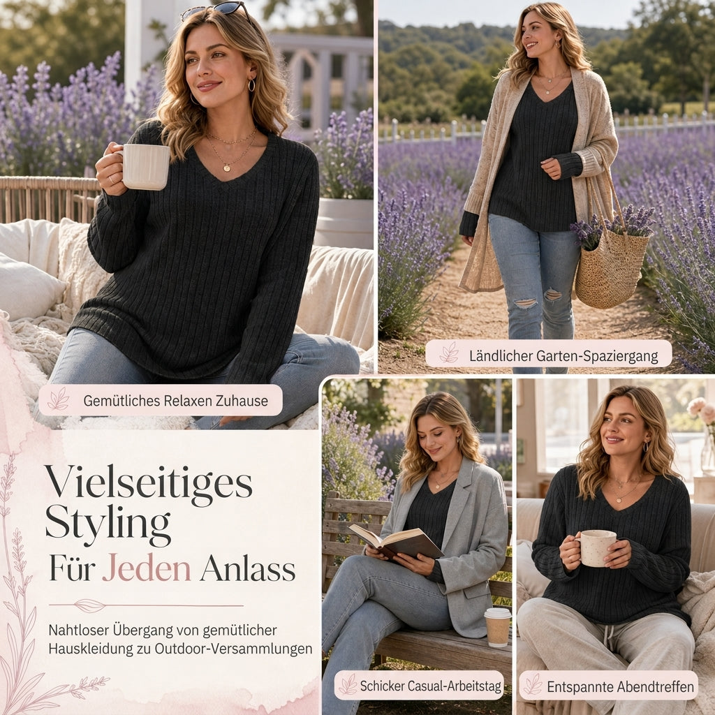 👚 Damen Übergrößen Pullover-Oberteil mit V-Ausschnitt | Kein Kratzen, kein Einengen – Locker sitzend, gerippt & kuschelig weich für den Alltag ✨