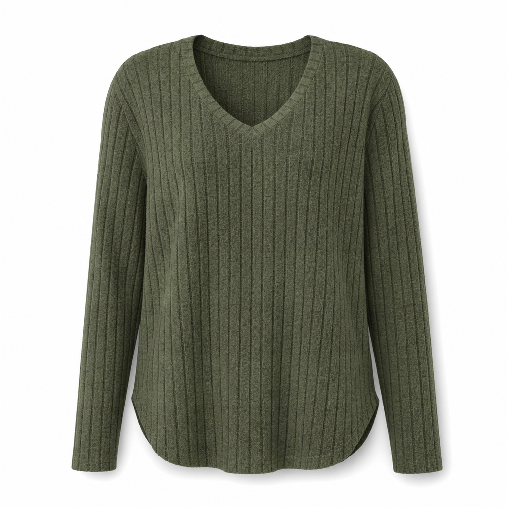 👚 Damen Übergrößen Pullover-Oberteil mit V-Ausschnitt | Kein Kratzen, kein Einengen – Locker sitzend, gerippt & kuschelig weich für den Alltag ✨