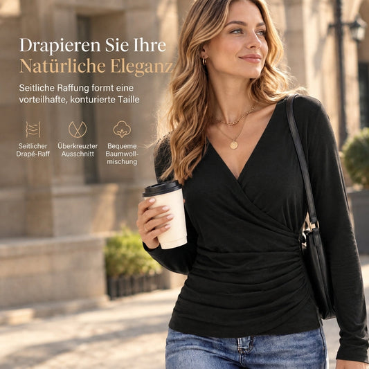 Schmal geschnittenes Damen-Top mit V-Ausschnitt, langen Ärmeln und taillierter Raffung für Frühling und Herbst