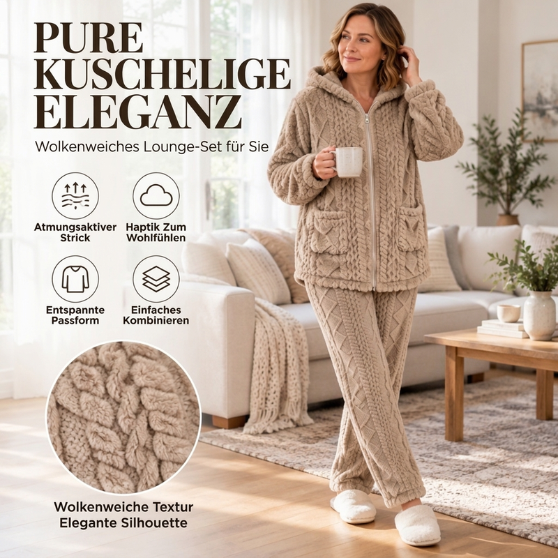 🧸🧶 Damen Plüsch-Zopfmuster Kapuzenjacke & Hose – Kuscheliges Zweiteiliges Set (EU 34-54)