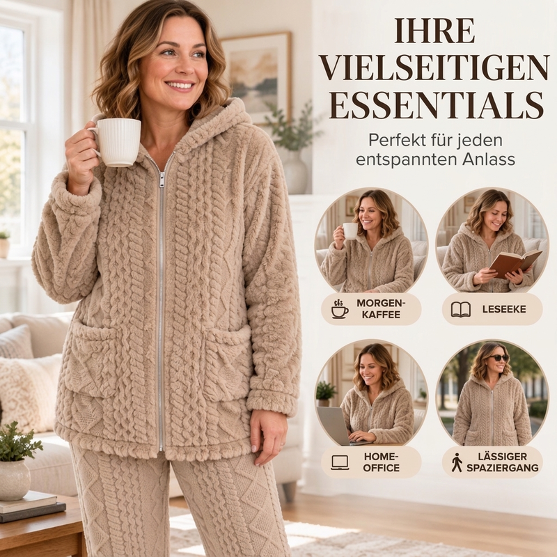 🧸🧶 Damen Plüsch-Zopfmuster Kapuzenjacke & Hose – Kuscheliges Zweiteiliges Set (EU 34-54)