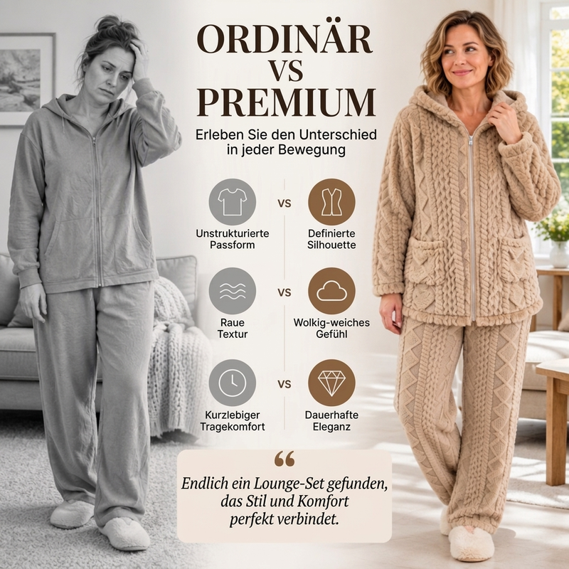 🧸🧶 Damen Plüsch-Zopfmuster Kapuzenjacke & Hose – Kuscheliges Zweiteiliges Set (EU 34-54)
