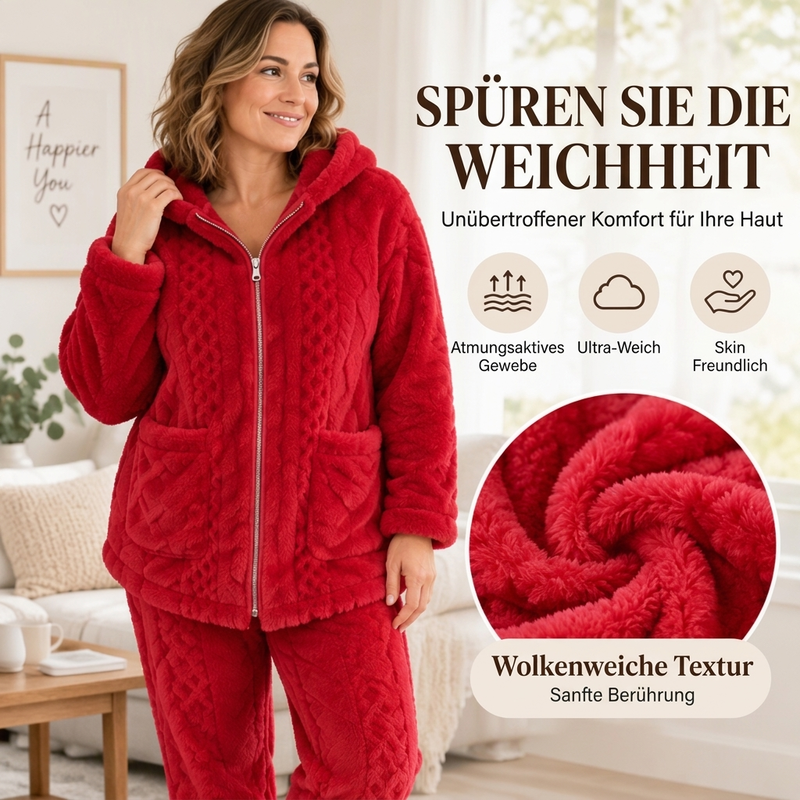 🧸🧶 Damen Plüsch-Zopfmuster Kapuzenjacke & Hose – Kuscheliges Zweiteiliges Set (EU 34-54)