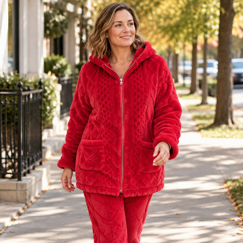 🧸🧶 Damen Plüsch-Zopfmuster Kapuzenjacke & Hose – Kuscheliges Zweiteiliges Set (EU 34-54)