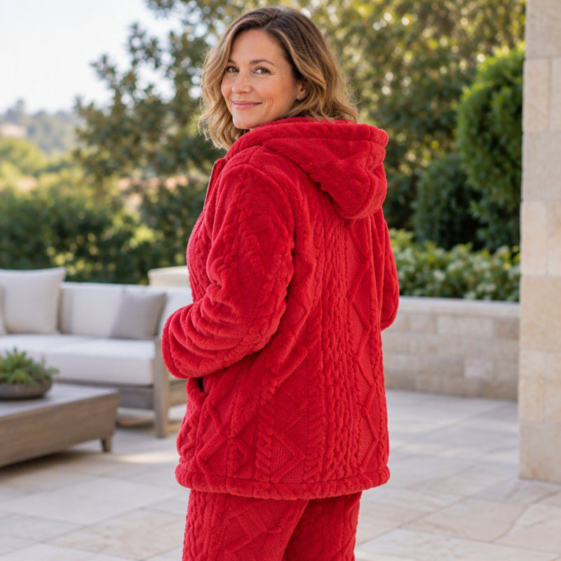 🧸🧶 Damen Plüsch-Zopfmuster Kapuzenjacke & Hose – Kuscheliges Zweiteiliges Set (EU 34-54)