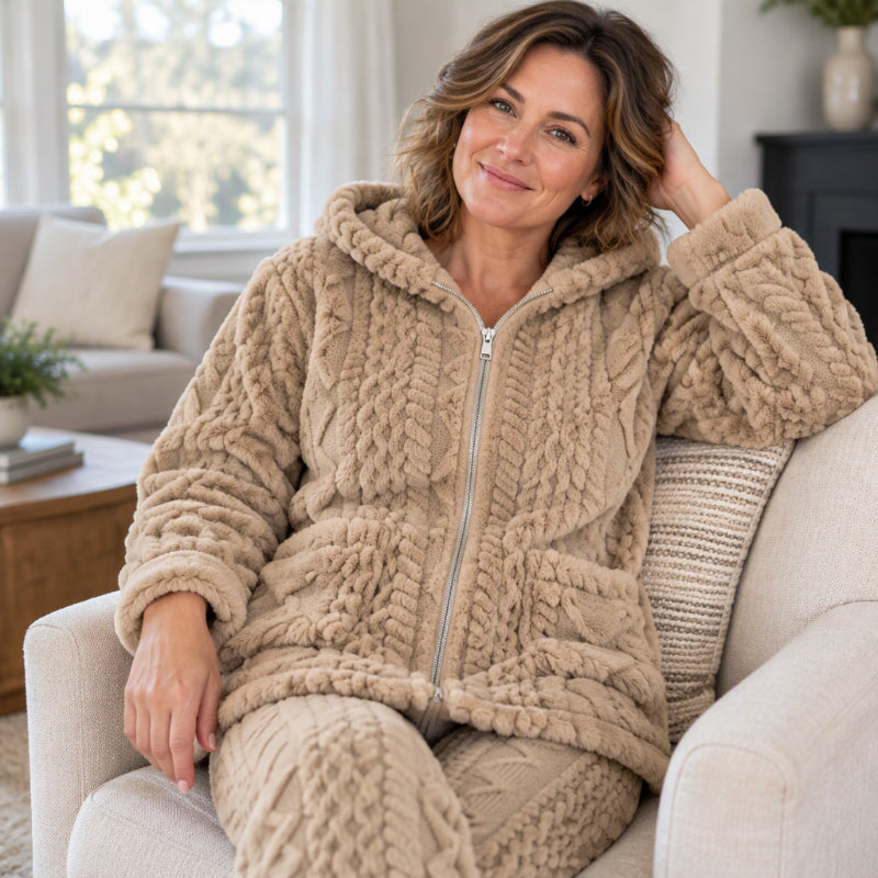 🧸🧶 Damen Plüsch-Zopfmuster Kapuzenjacke & Hose – Kuscheliges Zweiteiliges Set (EU 34-54)