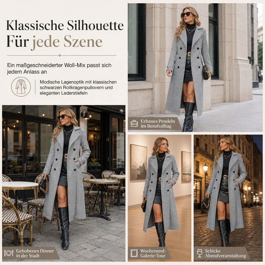🧥✨ Damen Langer Doppelreiher-Mantel – Strukturiert & Elegant für Business (EU 34-48)