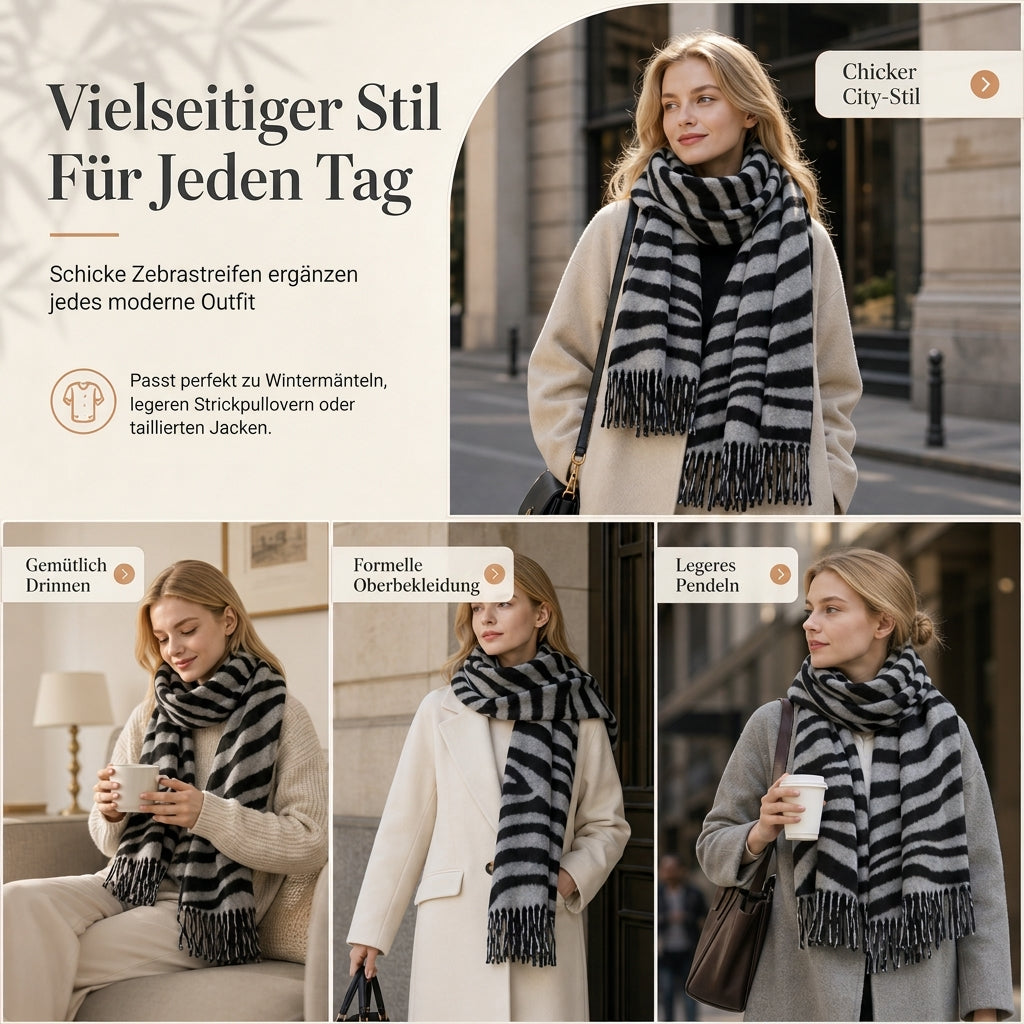 🦓✨ Damen Winter-Stola mit Zebra-Print – Kunstkaschmir, Warm & Fransendetail ❄️