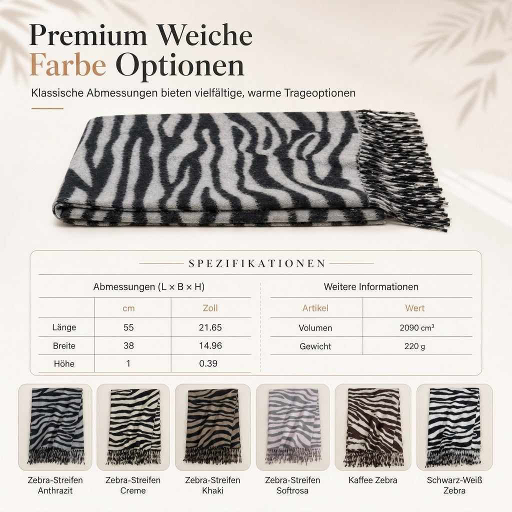 🦓✨ Damen Winter-Stola mit Zebra-Print – Kunstkaschmir, Warm & Fransendetail ❄️