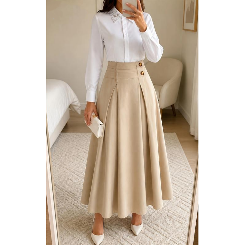 👗✨ Damen Plissierter A-Linien Maxirock – Hohe Taille & Fließend 🌸